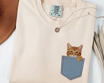 Cat Pocket Shirt, Orange Tabby Faux Embroidery Tee, Cat Mom Gift for Her, Ginger Cat Energy Top, Playful Feline Sass Apparel