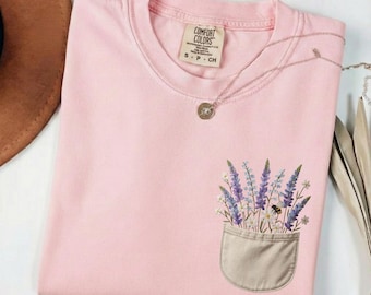 Lavender Wildflower Pocket Shirt, Faux Embroidery Nature Cottagecore Tee