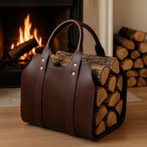 May include: A dark brown leather log carrier with a handle, filled with firewood. The carrier has brass rivets and a rectangular shape. A fireplace with burning logs is in the background, with a stack of logs to the right.