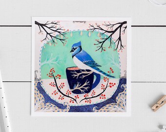 Blue Jay Card, Blue bird card, 5x5, Blank Greeting Card, Winter Bird, Holiday Blue Jay, Blue Jay art