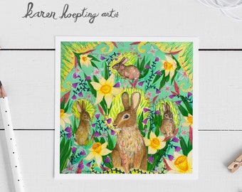 Spring Garden, Rabbit card, 5x5 Blank Greeting Card, Easter card, Rabbit lovers, Daffodil, Spring theme