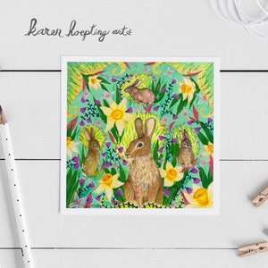 Spring Garden, Rabbit card, 5x5 Blank Greeting Card, Easter card, Rabbit lovers, Daffodil, Spring theme image 1