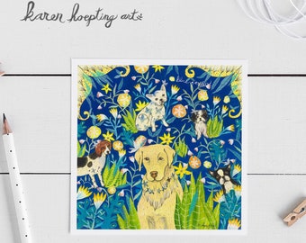 Dog Art Card, Blue Floral Dog Card, 5x5 Blank Greeting Car, Whimsical Dog art, Yellow Lab