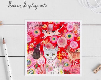 White Cat Art Card, Red Floral Cat Card, 5x5 Blank Greeting Card, Whimsical cat, Cat Art