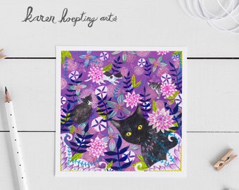 Black cat card, Purple cat, 5x5 Greeting Card, Cat Garden card, Whimsical Cat, Cat lovers Card