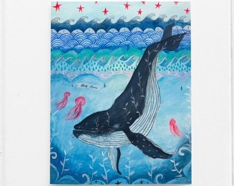 Whale Card, Whale Art, Blank Greeting Card, Deep Sea Love, Whale Decor, Whale theme, Whale Lovers