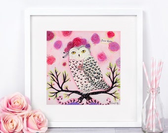 Owl Art, Snowy Owl Art, 10 x 10 Art print, Pink Owl, Owl and Roses, Owl Lovers, Owl Decor