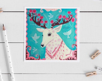 Deer Card - 5x5 Blank Greeting Card - White Deer - Woodlands Deer Card - Floral Deer - Buck Art - Whimsical Deer - Whimsical Woodlands