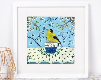 Bird Art, Goldfinch Art, Finch Painting, 10 x 10 Art Print, Whimsical Bird, Bird Decor, Bird Lovers, Yellow bird