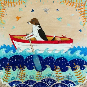 Beagle Card, Dog in boat card, 5x5, Blank Greeting Card, Whimsical Dog Card, Rowboat, Beagle love, Encouragement image 2