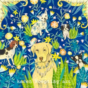 Dog Art Card, Blue Floral Dog Card, 5x5 Blank Greeting Car, Whimsical Dog art, Yellow Lab image 2