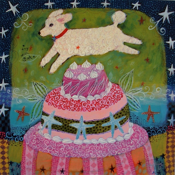 SALE Poodle and Cake  art print - limited edition giclee on canvas - dog art/whimsical/childrens decor