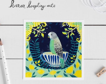 Budgie Art Card, Bird Card, Lemon Tea, 5x5, Blank Greeting Card, Blue Budgie Art, Bird Lovers