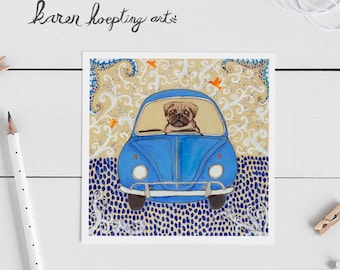 Pug in VW Bug, Pug Card, 5x5, Blank Greeting Card, Whimsical Pug Art, Dog Art Card, Pug Lovers