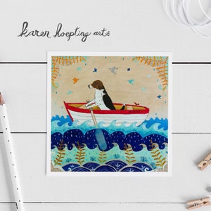 Beagle Card, Dog in boat card, 5x5, Blank Greeting Card, Whimsical Dog Card, Rowboat, Beagle love, Encouragement image 1