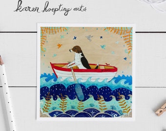 Beagle Card, Dog in boat card, 5x5, Blank Greeting Card, Whimsical Dog Card, Rowboat, Beagle love, Encouragement