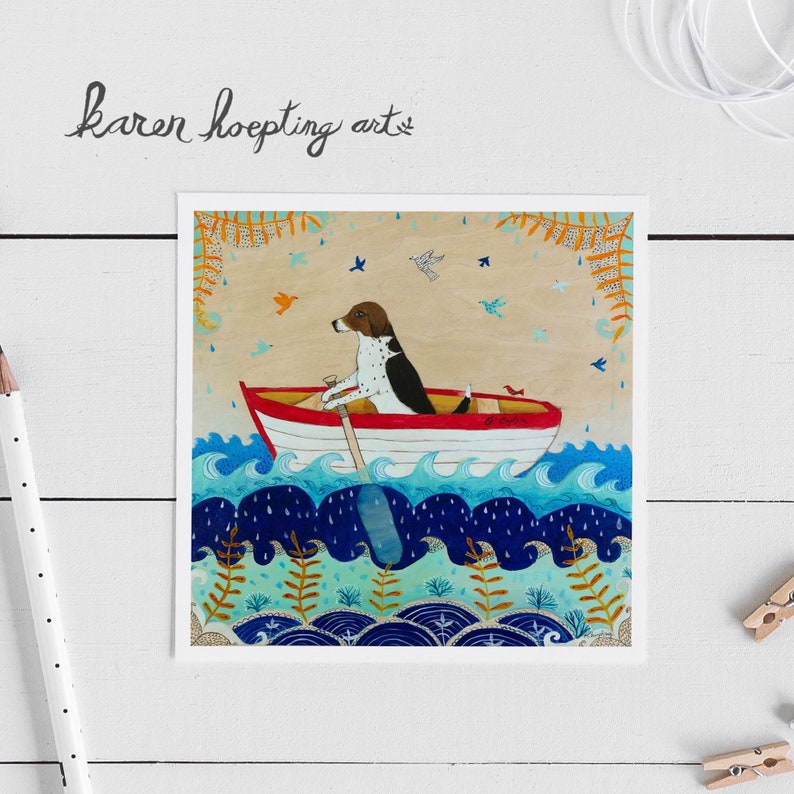 Beagle Card, Dog in boat card, 5x5, Blank Greeting Card, Whimsical Dog Card, Rowboat, Beagle love, Encouragement image 1