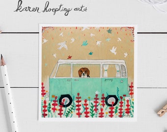 VW van and Dog Card, Beagle card, VW card, Journey, Adventure, Bon Voyage card, Whimsical Beagle