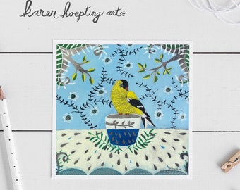 Bird and Tea Cup Card, Goldfinch, Bird Art, 5x5 Blank Greeting Card, Whimsical Bird Art, Tea Cup Art