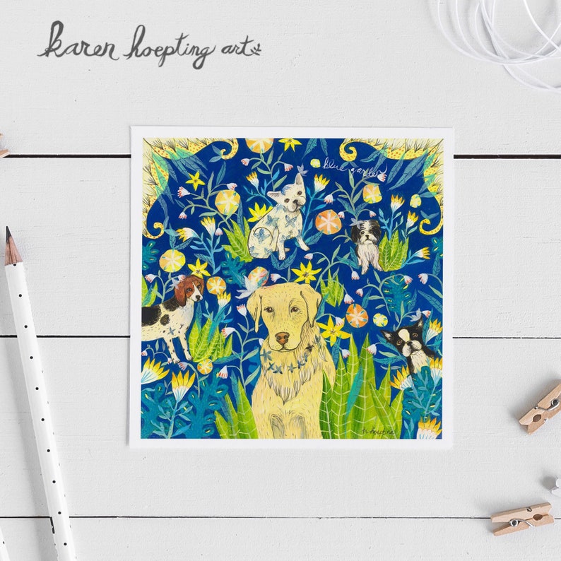 Dog Art Card, Blue Floral Dog Card, 5x5 Blank Greeting Car, Whimsical Dog art, Yellow Lab image 1