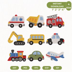 May include: A set of nine machine embroidery designs featuring various vehicles including an ambulance, dump truck, fire engine, excavator, school bus, police car, train, car, and airplane. Text includes INSTANT DOWNLOAD and 1" 2" 3" 4".