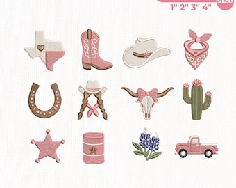 Pink Cowgirl Embroidery Bundle, Coquette Western Embroidery Designs, Texas Girl Rodeo Boots Hat Cactus Machine Embroidery, Instant Download