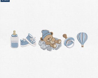 Broderidesign för barnrum, flaskskor, nalleskallra, ballongbroderifil, söt babytema-maskinfil, direktnedladdning