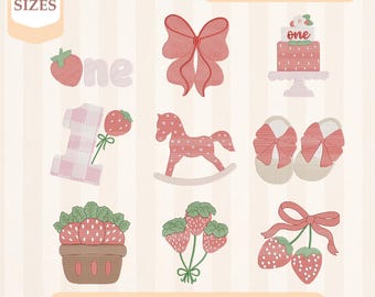 Pacchetto di ricami con schizzo di fragola per il primo compleanno, riempimento leggero, punto rapido, disegno per ricamo a macchina, ricamo 4x4 5x7, download immediato