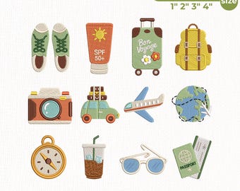 Travel Embroidery Design Bundle, Vacation Mini Icons, Airplane Passport Camera Suitcase Backpack Machine Embroidery Files, Instant Download