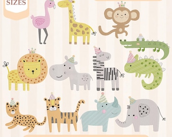 Broderipaket med skiss av djurmotiv för födelsedagssafari, lätt fyllning, snabbstygn, maskinbroderidesign, 4x4 5x7 broderi, direktnedladdning