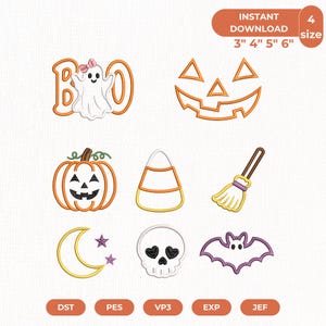 May include: A collection of Halloween-themed machine embroidery designs featuring a ghost with a pink bow, a jack-o'-lantern face, a pumpkin, candy corn, a broom, a crescent moon with stars, a skull with heart eyes, and a bat, with text 3" 4" 5" 6".