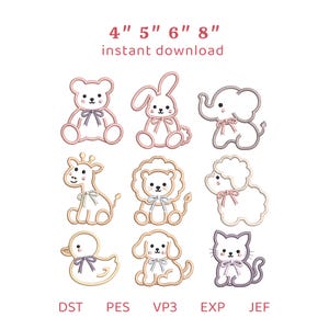 Può includere: Un set di ricami digitali con nove personaggi animali delineati, tra cui orso, coniglio, elefante, giraffa, leone, pecora, anatra, cane e gatto, ognuno con un piccolo fiocco. Testo: 4" 5" 6" 8" instant download, DST, PES, VP3, EXP, JEF.