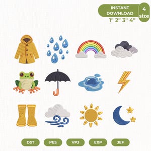 May include: A collection of twelve embroidered weather-themed patches including a yellow raincoat, blue raindrops, a rainbow, storm clouds, a green frog, a black umbrella, a puddle, a yellow lightning bolt, yellow boots, wind, sun, and moon.