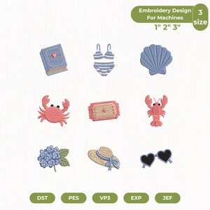 May include: A collection of machine embroidery designs featuring summer and beach-themed motifs. Includes a book, bikini, seashell, crab, ticket, lobster, hydrangea, sun hat, and heart-shaped sunglasses. Designs are available in 1", 2", and 3" sizes.