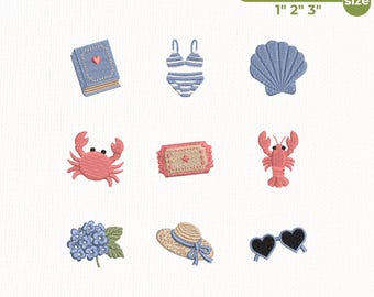 Coastal Summer Embroidery Design Bundle, Beach Machine Embroidery Patterns, Crab Lobster Shell Bikini Hydrangea Sunglasses, Instant Download