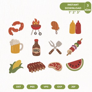 以下が含まれることがあります： ソーセージ、グリル、オーブンミット、調味料ボトル、ビールジョッキ、BBQソースボトル、グリルツール、野菜の串焼き、トウモロコシ、スペアリブ、ステーキ、スイカのカットなど、バーベキューをテーマにした12種類の刺繍デザインのコレクション。