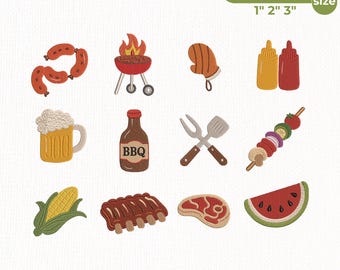 BBQ Grill Embroidery Design Bundle, Summer Party Machine Embroidery Pattern, Barbecue Sauce Beer Steak File, Instant Download
