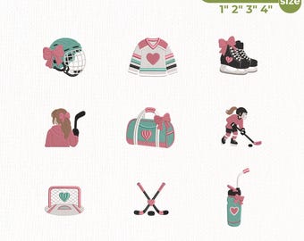 Hockey Girl Mini Embroidery Design Bundle, Pink Ice Hockey Icons, Coquette Sports Embroidery Files, Hockey Mom, Instant Download