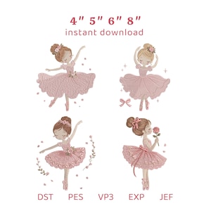 Könnte beinhalten: Vier Stickmotive von Ballerinas in rosa Tutus, jede mit unterschiedlichen Posen und floralen Akzenten. Der Text oben lautet 4" 5" 6" 8" instant download, und unten sind die Dateiformate DST, PES, VP3, EXP und JEF aufgeführt.