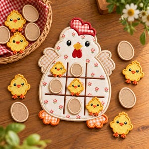 May include: A fabric tic-tac-toe game board shaped like a chicken with a red and white checkered comb. The board features a floral pattern and brown grid lines. Included are yellow embroidered chick game pieces and tan oval egg tokens.