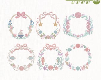 Coastal Frame Embroidery Design Bundle, Beach Monogram Frame Embroidery File, Seashell Seahorse Frame Set, Nautical Design, Instant Download