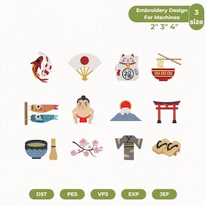 May include: A digital embroidery design set featuring twelve icons including koi fish, a folding fan, a lucky cat, ramen, carp streamers, a sumo wrestler, Mount Fuji, a torii gate, matcha, cherry blossoms, a kimono, and wooden sandals.