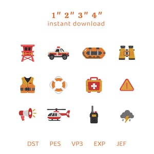 Könnte beinhalten: Ein digitales Stickmuster-Set mit zwölf Rettungs-Symbolen: Rettungsturm, Einsatzfahrzeug, Rettungsinsel, Fernglas, Schwimmweste, Rettungsring, Erste-Hilfe-Kasten, Warnschild, Megafon, Hubschrauber, Funkgerät und Gewitterwolke. Text: 1" 2" 3" 4" instant download, DST, PES, VP3, EXP, JEF.
