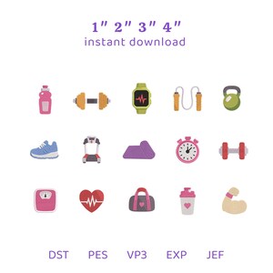 May include: A digital collection of fifteen fitness-themed icons including a water bottle, dumbbells, smartwatch, jump rope, kettlebell, sneaker, treadmill, yoga mat, stopwatch, scale, heart, gym bag, shaker, and bicep. Text reads 1" 2" 3" 4" instant download.