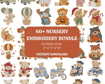 60+ Nursery Embroidery Bundle, Teddy Bear Embroidery Designs, Woodland Baby Animal PES DST VP3 EXP Files, Instant Download