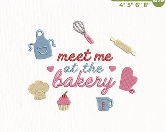 Meet Me At The Bakery Embroidery Design, Baking Lover Machine Embroidery, Cupcake Apron Whisk Kitchen Design, Instant Download