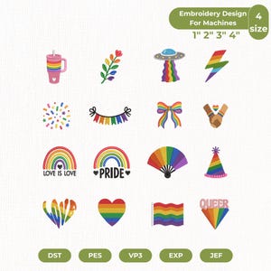 Könnte beinhalten: Eine Sammlung von sechzehn bunten Regenbogen-Stickmustern für Maschinen, darunter Symbole wie ein Becher, ein Zweig, ein UFO, ein Blitz, Konfetti, Wimpel, eine Schleife, Hände, Regenbögen, ein Fächer, ein Partyhut, Herzen und eine Flagge.