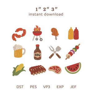 May include: A digital embroidery design set featuring twelve barbecue-themed icons including sausages, a grill, oven mitt, condiments, beer, BBQ sauce, utensils, a skewer, corn, ribs, steak, and watermelon. Text reads 1" 2" 3" instant download, DST, PES, VP3, EXP, JEF.