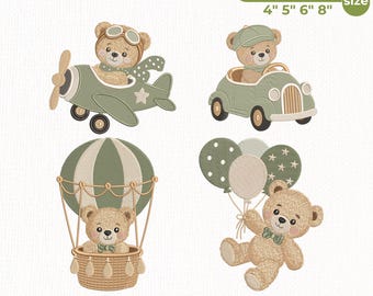 Cute Teddy Bear Embroidery Bundle, Bear Airplane Hot Air Balloon Machine Embroidery File ,Baby Boy Embroidery File ,PES DST Instant Download