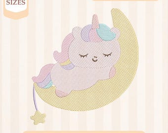 Disegno per ricamo "Sweet Dreams Unicorn Sketch", riempimento leggero, punto veloce, disegno per ricamo a macchina, ricamo 4x4 5x7, download immediato